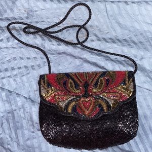 EUC Hand Beaded Clutch Purse Evening Bag Cocktail Black & red